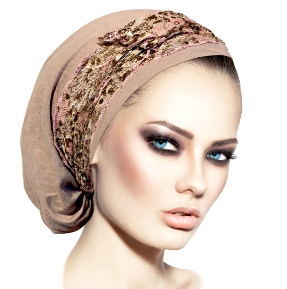 Taupe Headscarf With Pink Cheetah Floral Lace Tichel Friendly - Picture 4 of 6